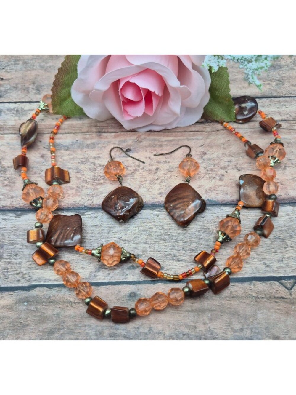 Artisan Boho Peach Brown Beaded Necklace & Dangle Earring Set Dyed Abalone 18"